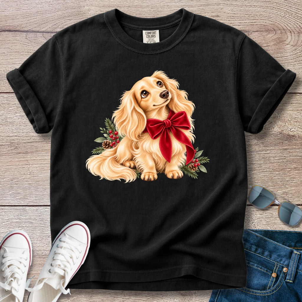 Cream Longhaired Dachshund Christmas Bow T-Shirt