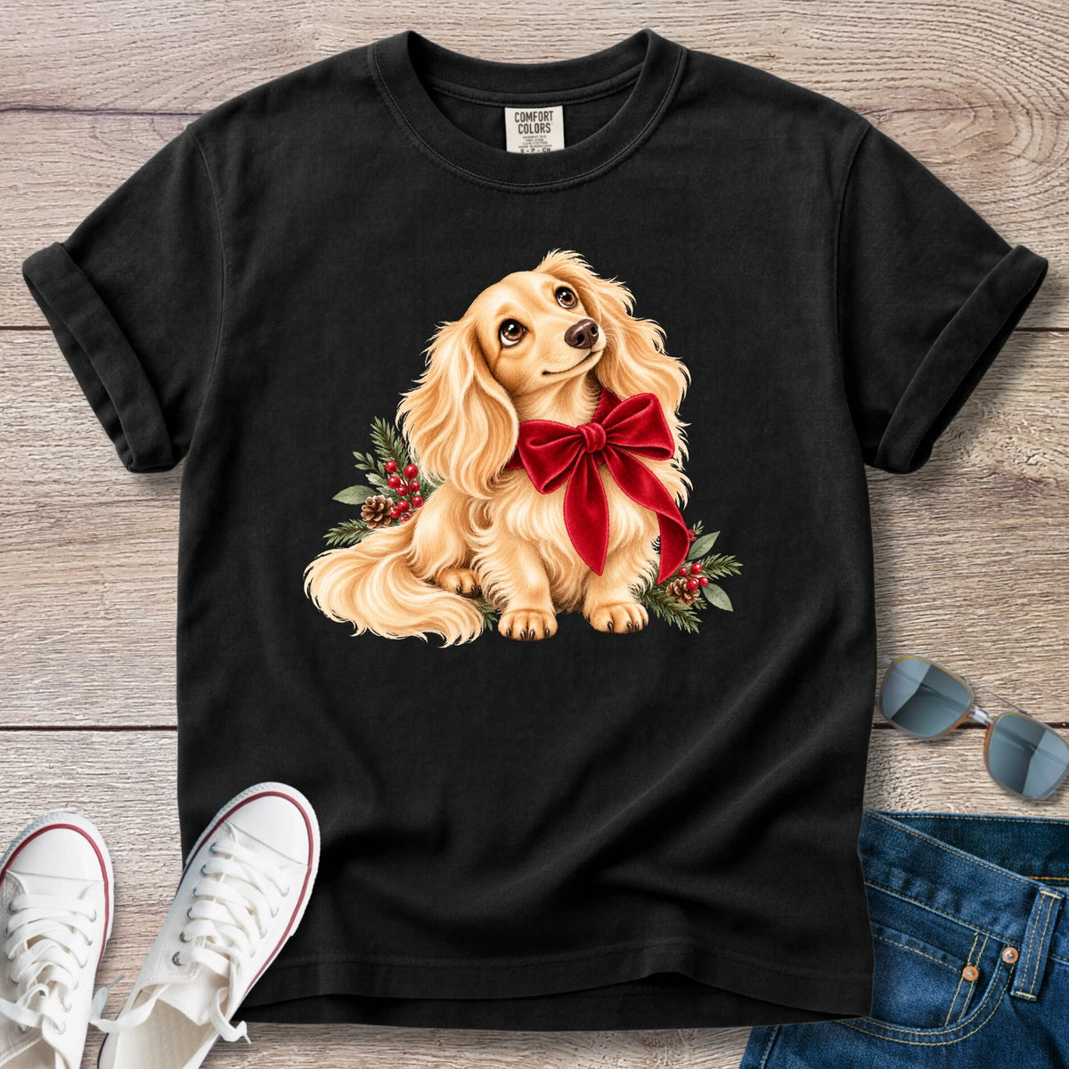 Cream Longhaired Dachshund Christmas Bow T-Shirt