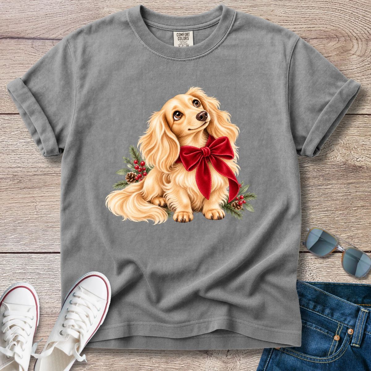 Cream Longhaired Dachshund Christmas Bow T-Shirt