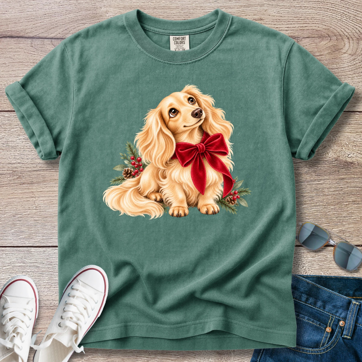 Cream Longhaired Dachshund Christmas Bow T-Shirt