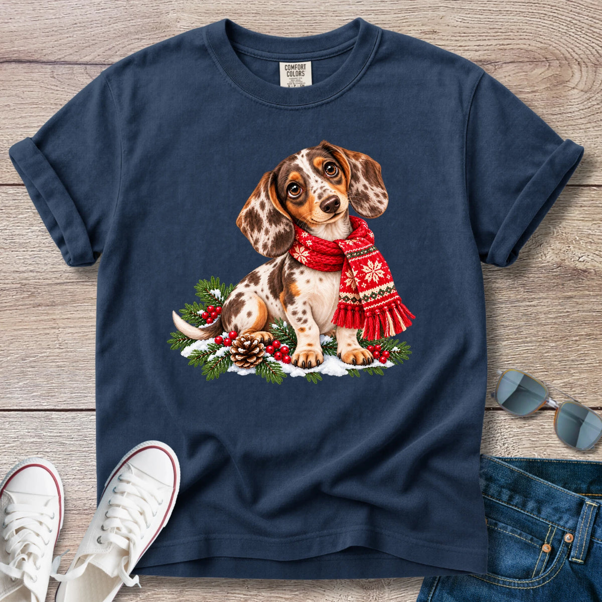 Chocolate Dapple Dachshund Christmas Scarf T-Shirt