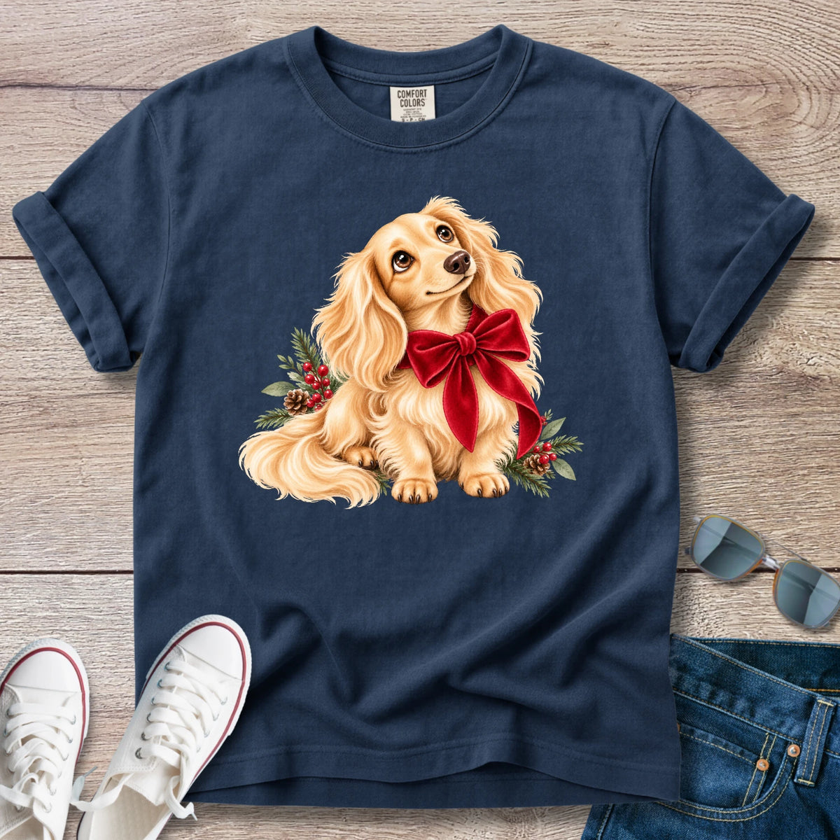 Cream Longhaired Dachshund Christmas Bow T-Shirt