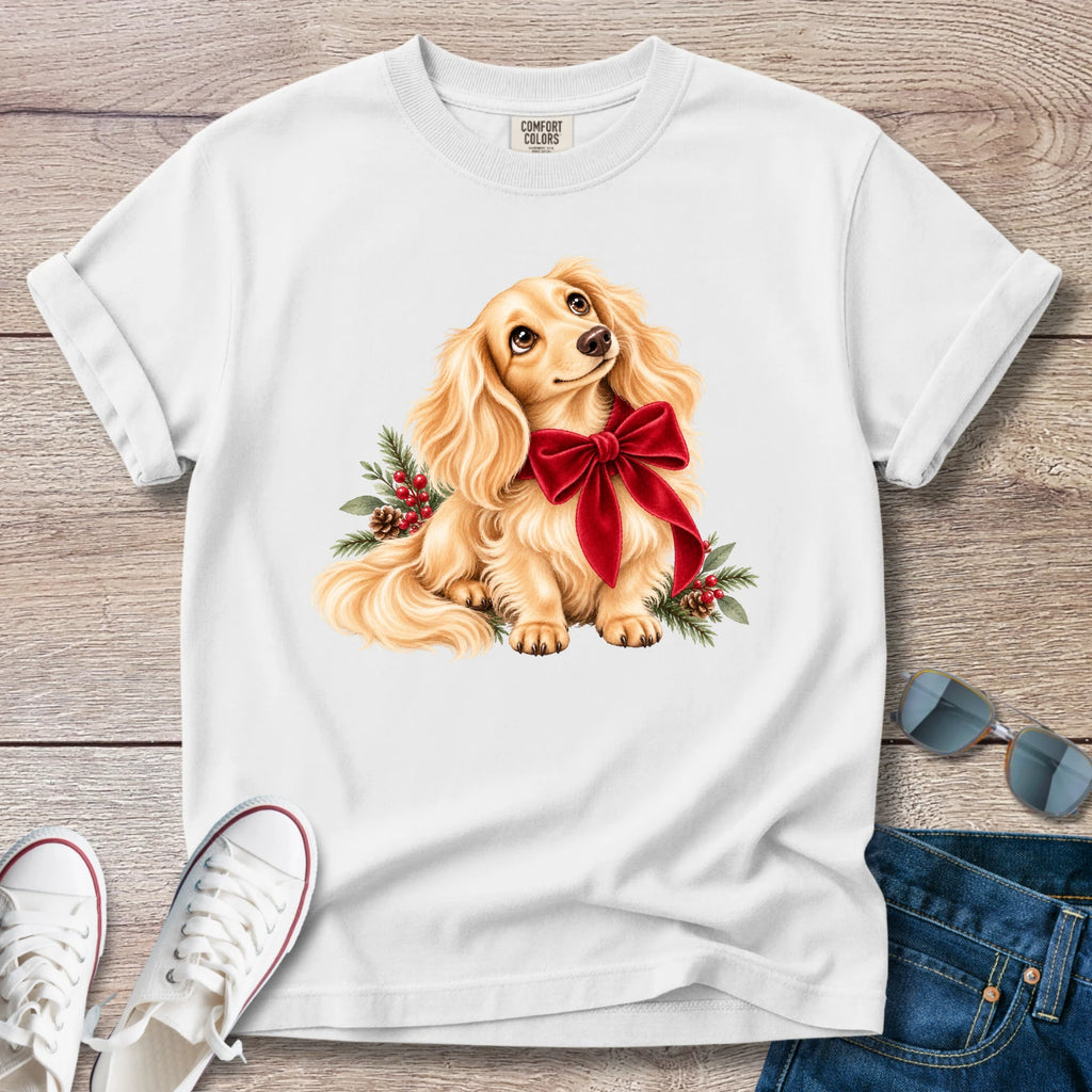Cream Longhaired Dachshund Christmas Bow T-Shirt