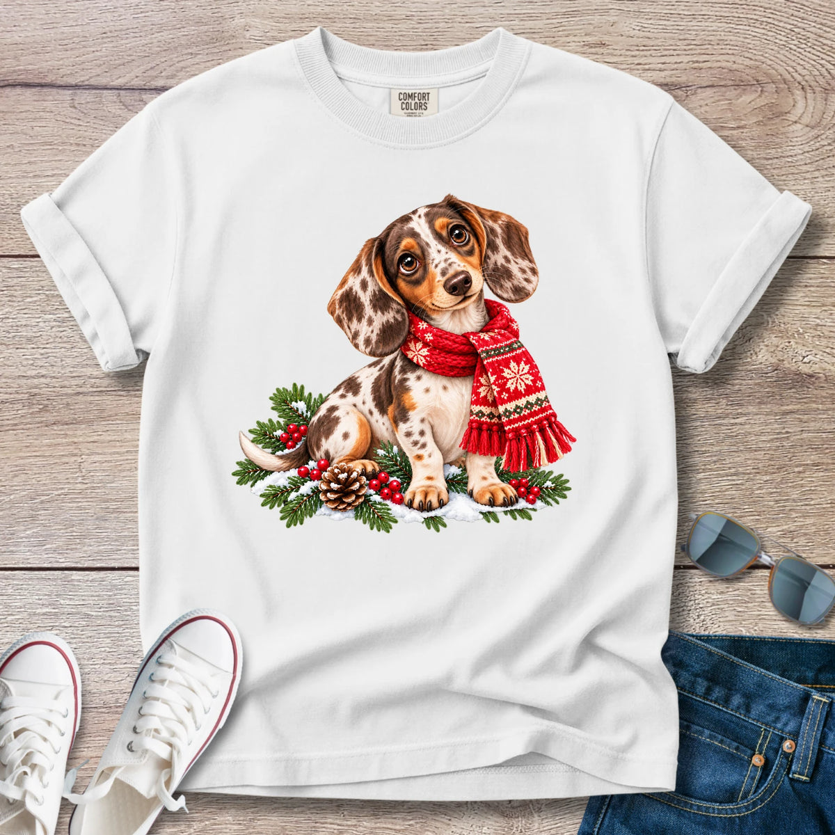 Chocolate Dapple Dachshund Christmas Scarf T-Shirt