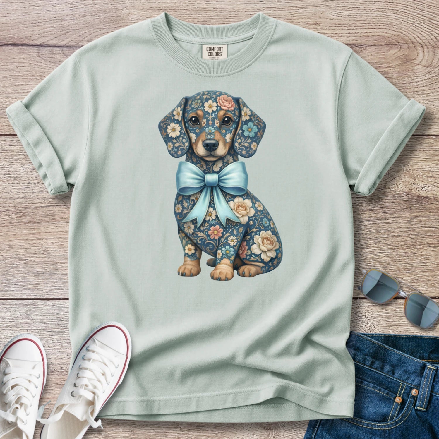 Blue Spring Floral Doxie T-Shirt