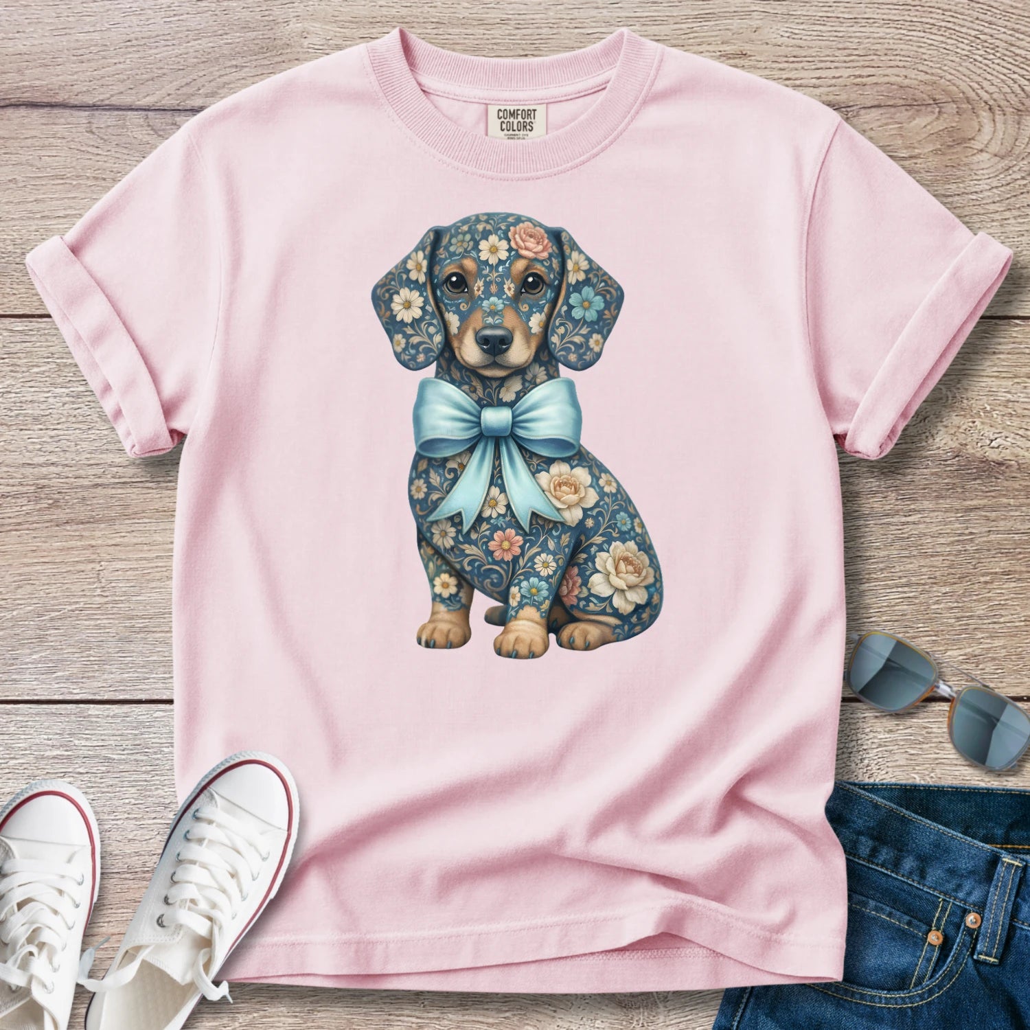 Blue Spring Floral Doxie T-Shirt