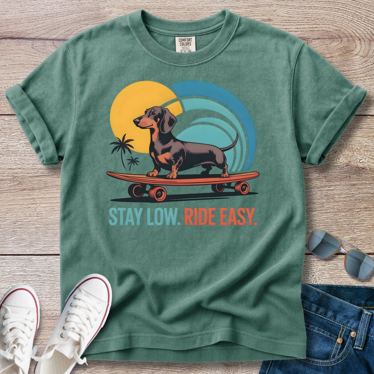 Stay Low. Ride Easy - Dachshund Skateboard T-Shirt
